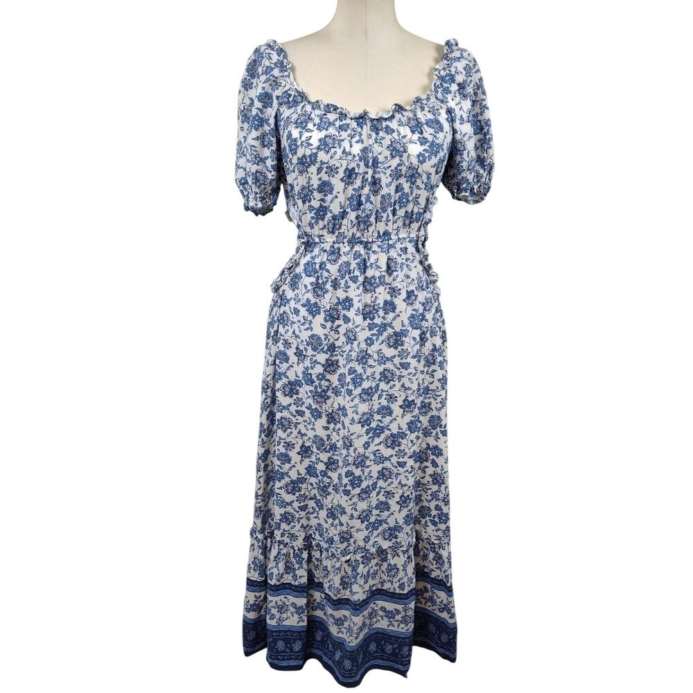 By the River Dress Women Large Blue Floral Print Cut Out Maxi Boho Cottagecore